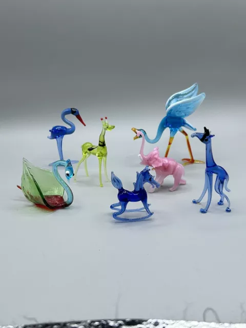 Lot Of 7 - Assorted Miniature Hand Blown Colored Glass Animal Figurines