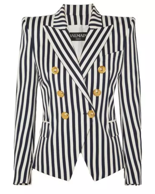 BALMAIN Striped Double Breasted Blazer in White Navy Cotton Size 38 or US 6