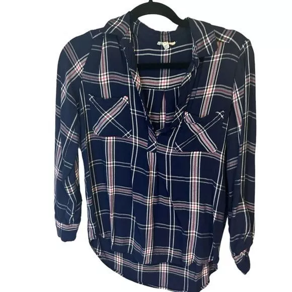 Soft by Joie Navy Blue button up roll sleeve plaid top size XS