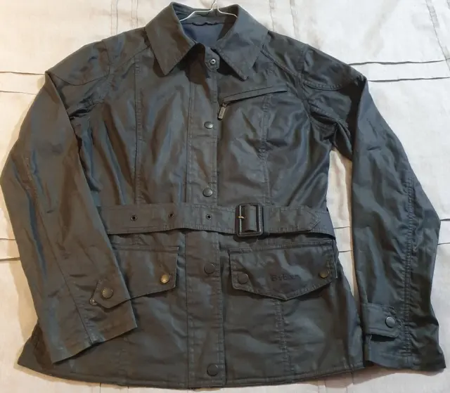 BARBOUR WOMENS BLACK wax jacket with belt, size 10, excellent condition ...