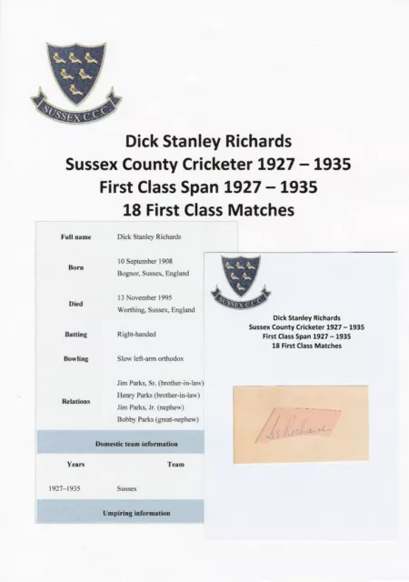 Dick Richards Sussex County Cricketer 1927-1935 Rare Original Autograph