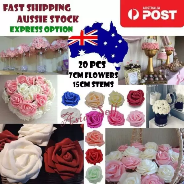 20pcs 7cm Artificial Flowers with Stems Foam Rose Fake Bride Bouquet Wedding