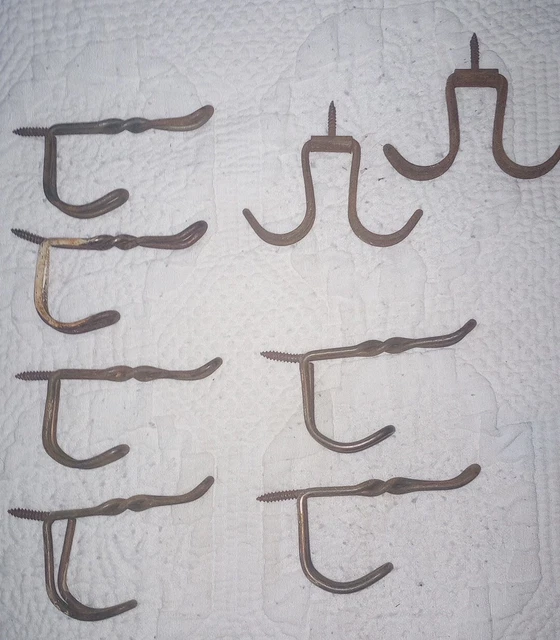 Vtg 8pc Metal Wire Twist 6 Double Hooks Hat Coat Screw in Wall 2 Under Shelf