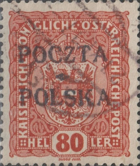 USED 1919 POLAND 80 Hel Krakow Issue Stamp POLSKA POCZTA Overprint Austria BROWN