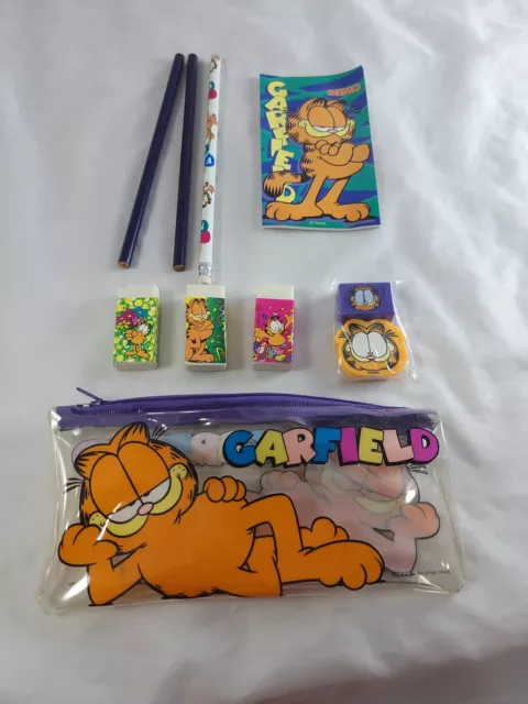 Vintage GARFIELD The Cat School Stationary Set Pencil Pouch Eraser Sharpener