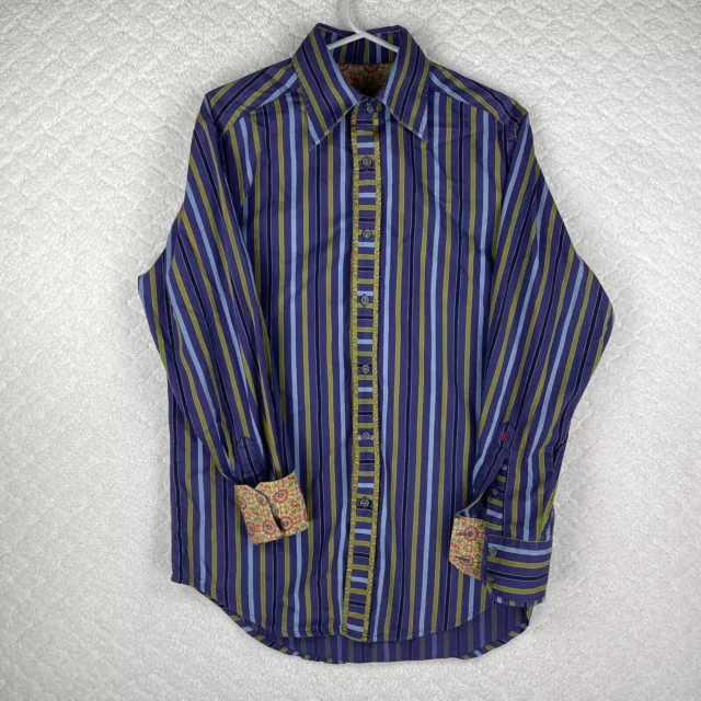 Robert Graham Flip Cuff Striped Mens Dress Shirt Button Up Long Sleeve Purple L