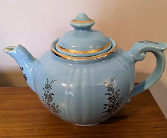 Vintage Pearl China Co. Teapot Blue Hand Painted 22kt Gold Dalton Pottery Mold