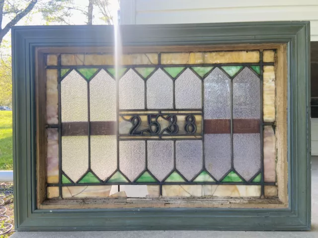 Antique Leaded Stained Glass Transom Window 33.5” x 23.5” Address #2538 Salvage