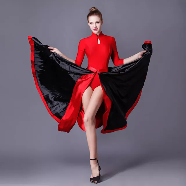 Womens Latin Dance Dress Paso Doble Cloak Performance Costume Red Long Skirts N 3