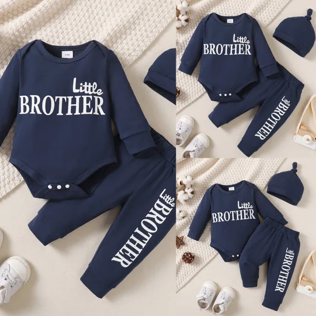 3PCS Baby Boys "Little Brother" Bodysuit Romper Pants Hat Outfit Clothes Set
