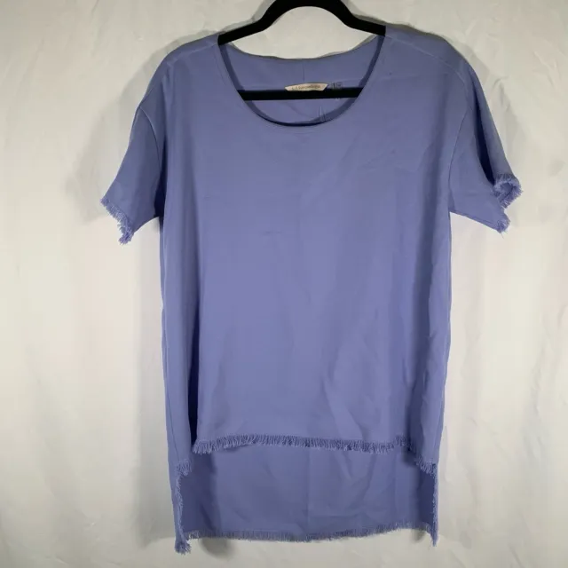 Soft Surroundings Blouse Women's XS Blue Fringe Trim Short Sleeve Top NWT