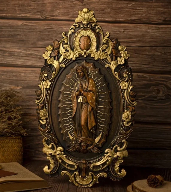 OUR LADY GUADALUPE, Virgin Mary Mother of God wooden carved statue ...