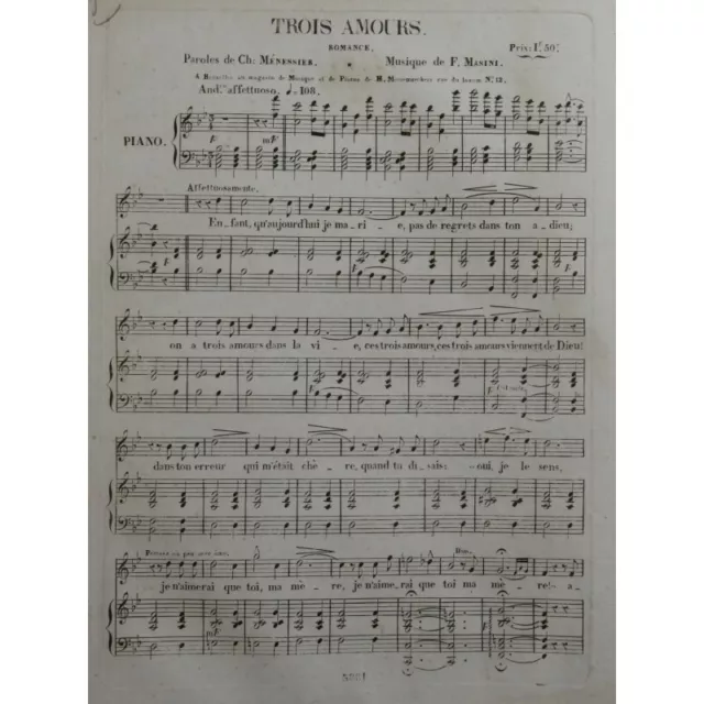MASINI F. Trois Amours Chant Piano ca1840