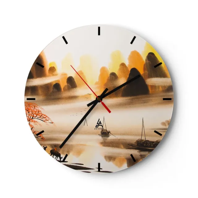 Reloj de Pared 40x40cm Reloj de Vidrio Porcelana Paisaje Asia Silencioso