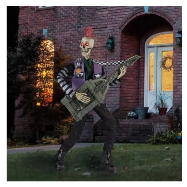 Skeleton Punk Rocker 6 ft Animatronic Guitar Rock N Roll Halloween Prop Mohawk