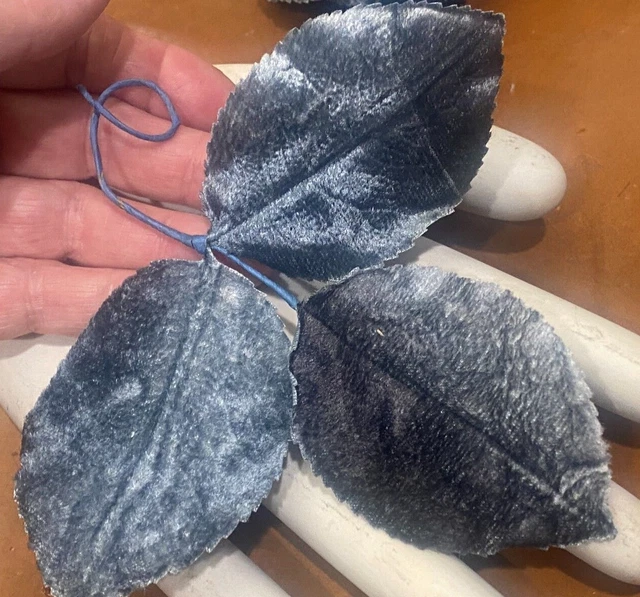 vintage millinery 1940s velvet leaves storm blue 1 tri leaf spray Japan