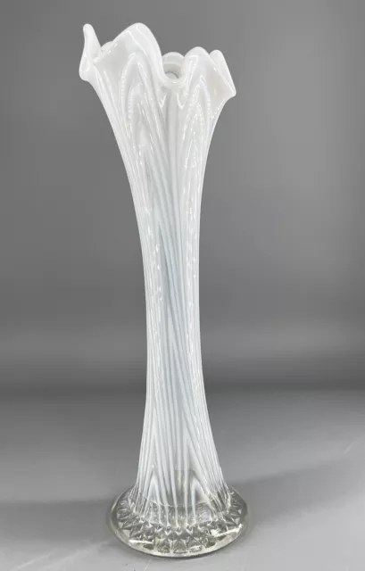 Vintage Fenton White Opalescent Stretched Swung Rib Art Glass Vase  ~12” Tall