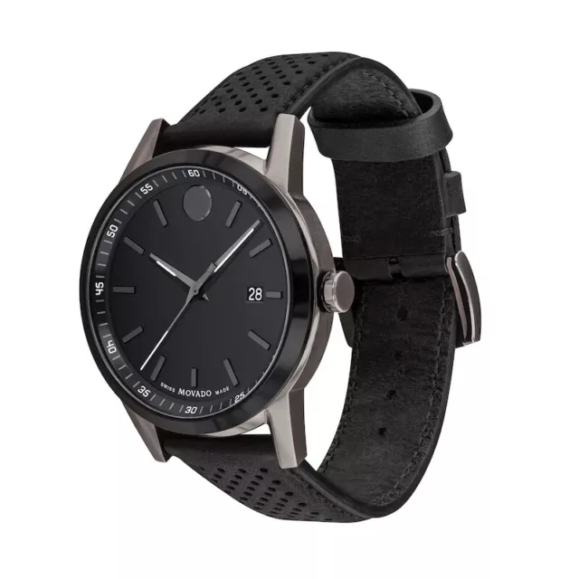 Movado Museum Sport SWISS Quartz Black Dial Leather Strap Men's Watch 0607559