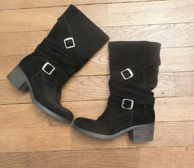 🌼 Bottines Plates en Daim Noir avec sa Bande et ses 2 Brides- Pointure 38