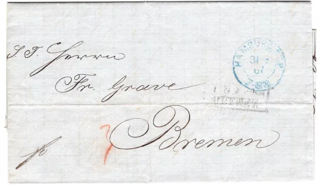 Altdeutschland Faltbrief mit blauem K2 Stempel von Hamburg nach Bremen 1867
