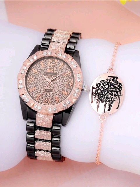 Armbanduhr Armkette Modeschmuck Set Uhren Damen Mädchen Strass Roségold Geschenk