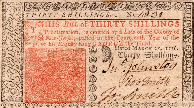 Continental Currency - March 25th 1776 New Jersey Colony 30 Shillings - NJ-181