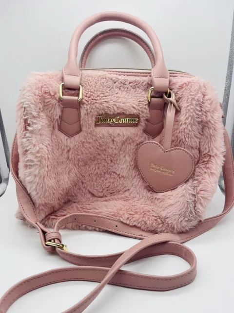 Juicy Couture Faux Fur Taffy Fluffy Pale Pink Satchel Bag/ Purse Heart **READ**