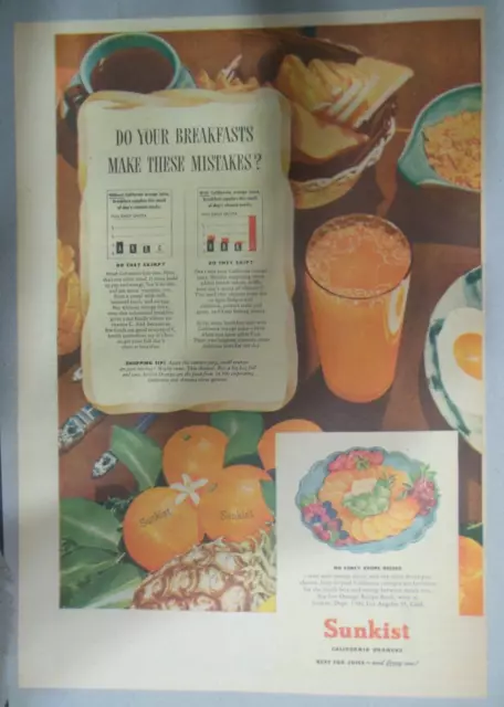 Sunkist California Oranges Ad: Breakfast Mistakes ! 1940's Size: 11 x 15 inch