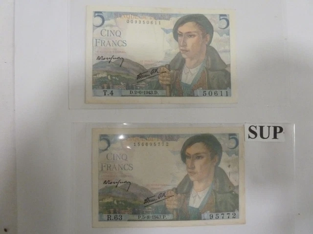 Lot de 2 billets 5 francs BERGER type 1943 état SUP