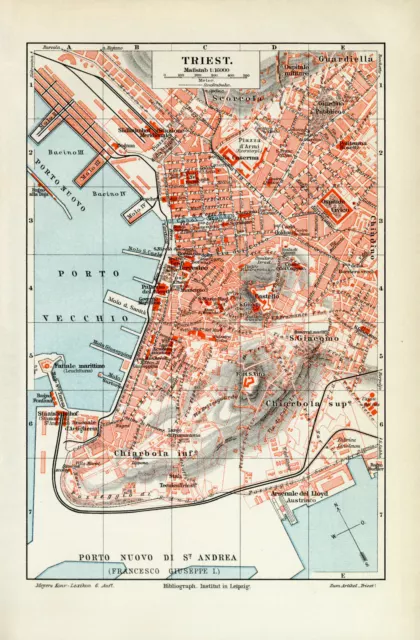 Triest historischer Stadtplan Karte Lithographie ca. 1908 antike Stadtkarte