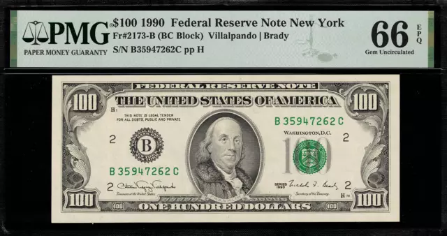 1990 $100 Federal Reserve Note - New York - FR. 2173-B - Graded PMG 66 EPQ