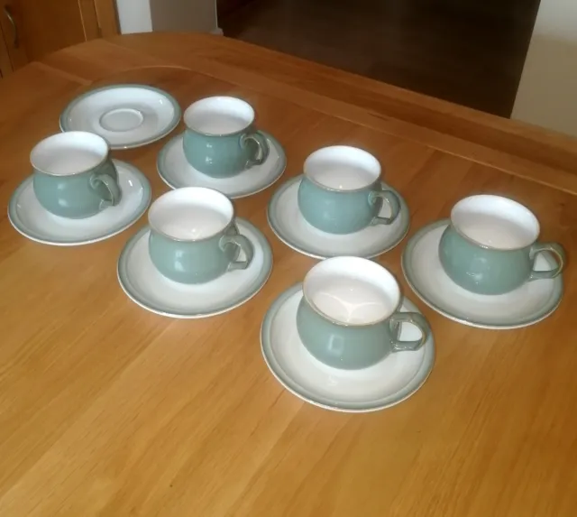 Set Of 6 Denby Craftsman Regency Green Cups & Saucers + Spare Saucer