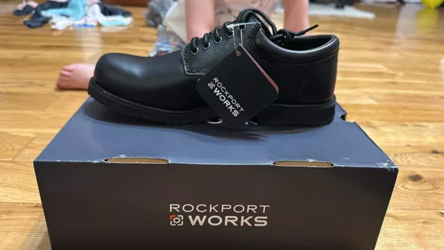 New N/Box $139 Womens Rockport Works Oxford Lace Up Leather Upper Black Shoes 9M