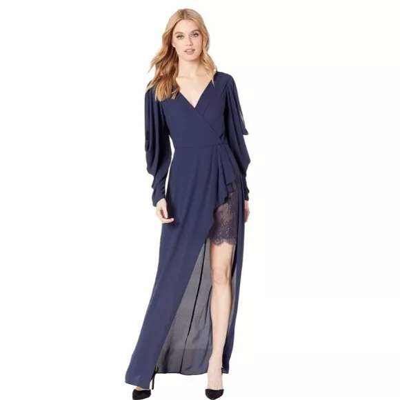 BCBGMAXAZRIA Koko Georgette Draped Sleeve Ruffle Lace Faux Wrap Gown Dark Navy 8