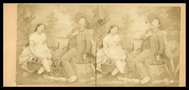 Scène, Couple à la pêche, ca.1870, stéréo Tirage vintage stéréo, tirage d&