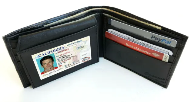 Black Men's Genuine Leather Window ID Flap Top Bifold Wallet SALE