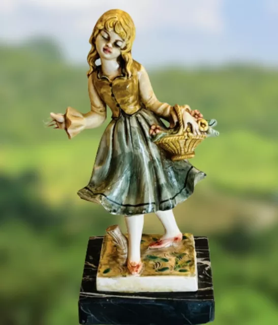 Fontanini Depose Italy Vintage Girl Figurine Flower Basket Marble Base 7.5”