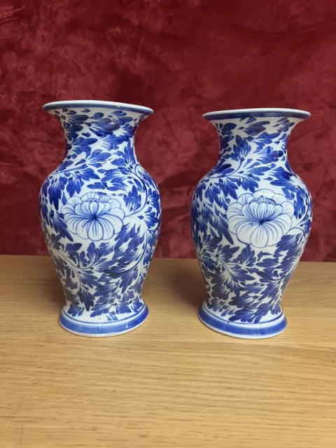 Pair of Blue and White Floral Vases Oriental Style Design Modern Height 8.5 Ins