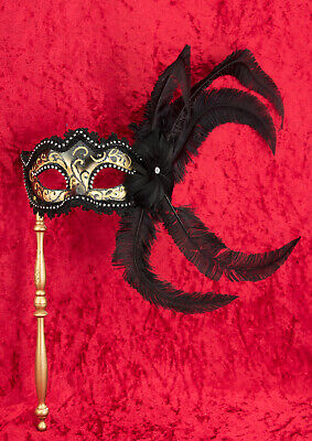 Mask from Venice Colombine Black And Golden IN Stick And Feathers Ostrich 1572