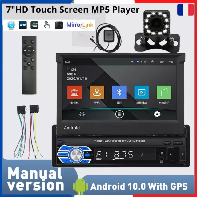 AUTORADIO 1DIN 7' Bluetooth Android 10 GPS ,Écran Rétractable, MP5 USB,  Caméra EUR 165,00 - PicClick FR