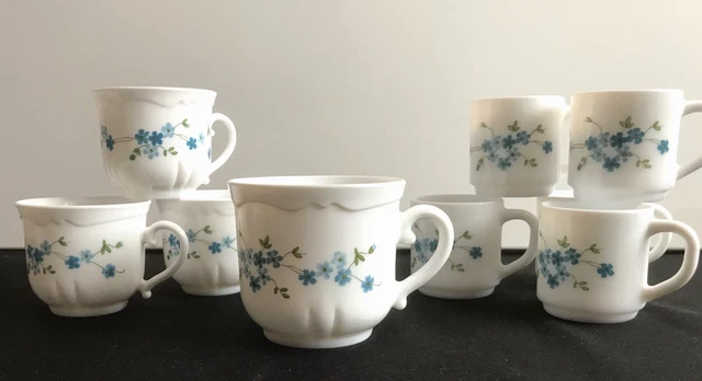 2 Tasses à Café Arcopal – Motif Myosotis Vintage – Hauteur 7 Cm, Verre, Fabrication Française Années 1920-1949