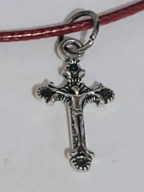 Silver Cross Pendant On Red Leather Cord, Lobster Clasp.