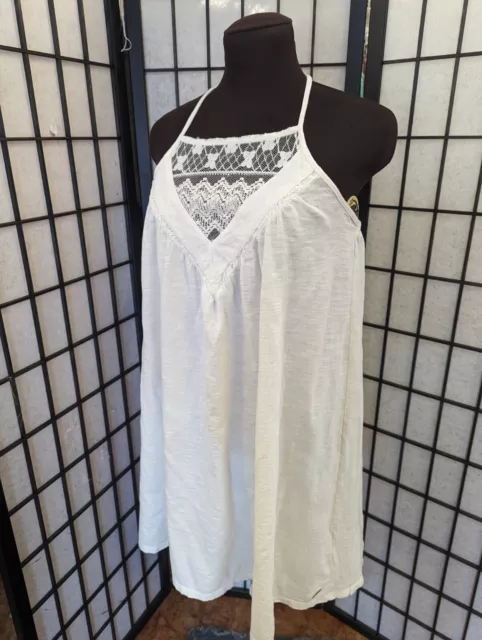 Roxy cotton Dress Womens Large white lace inset Halter Straps knit cottage core 2