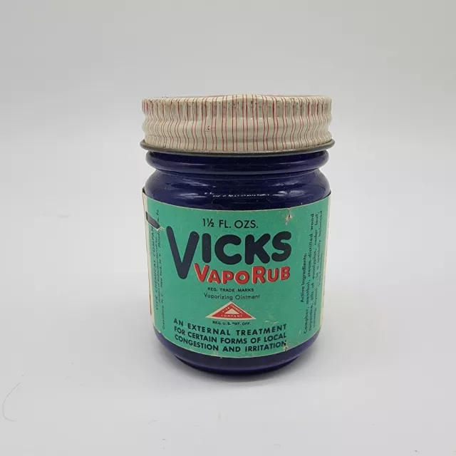 Vicks VapoRub Jar Cobalt Blue Glass Bottle w Label & Red White Tin Cap
