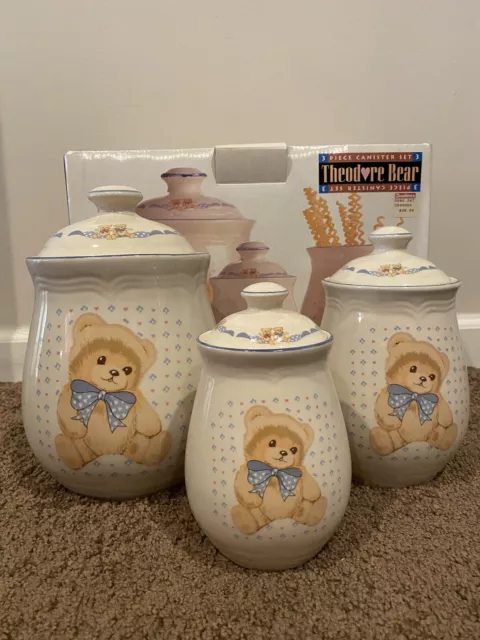 Tienshan Theodore Bear Stoneware 3 Piece Canister Set - Never Used