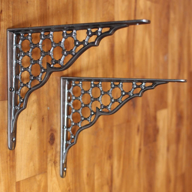 Pair of 8"x10" CAST IRON SHELF BRACKETS VICTORIAN HEAVY ANTIQUE PEWTER - BR18px2