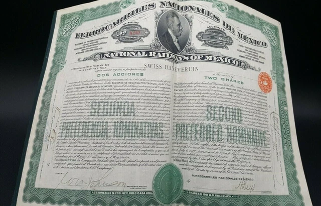 NATIONAL RAILWAYS OF MEXICO 2 Shares 1909 Stock Certificate for framing or prop