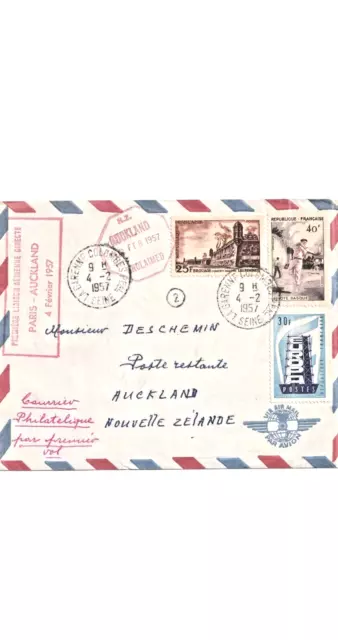 Enveloppe 1Ere Liaison Aérienne Directe Paris-Auckland 4/2/57