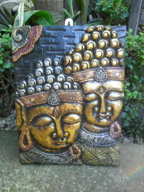 Bali Buddha Carved Wall Panel - wood carving & of coloured tones