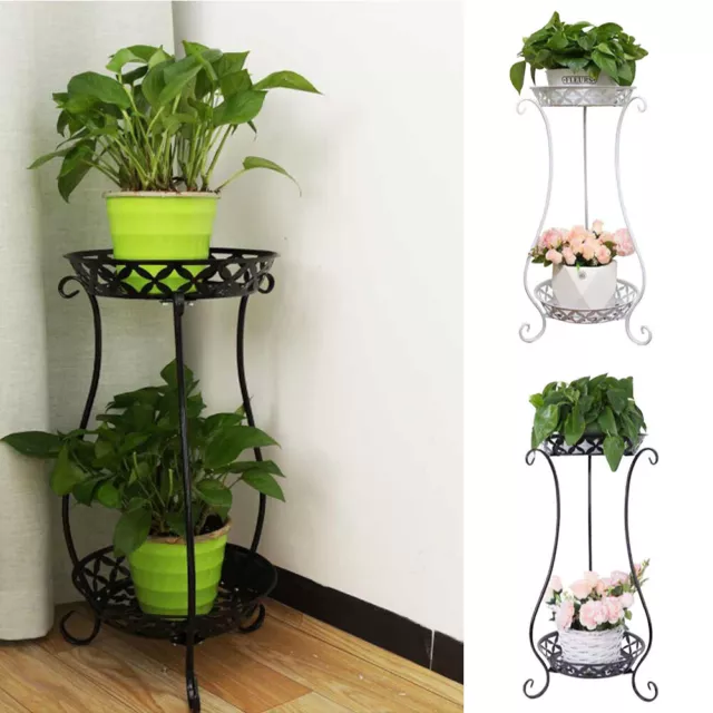 2 Tier Metal Iron Flower Plant Pot Display Stand Shelf Garden 64cm Tall Outdoor